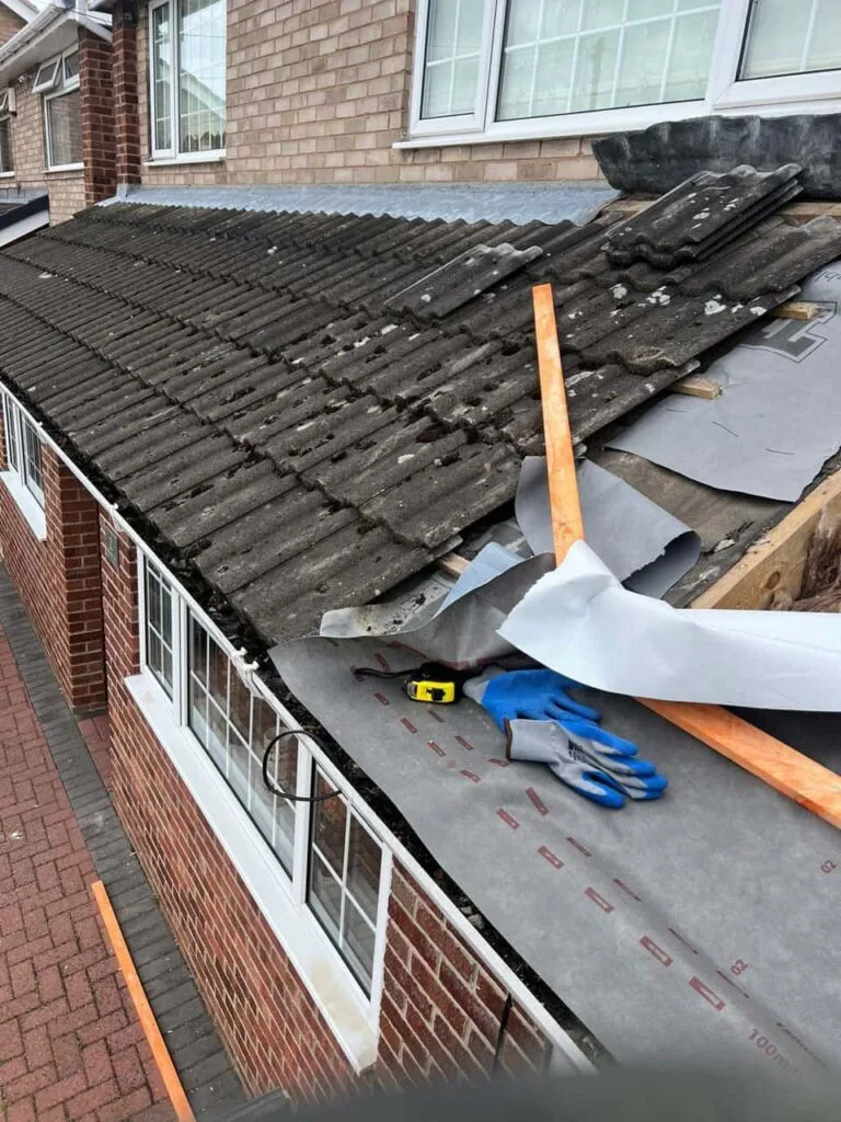 This is a photo of a pitched roof which is being repaired. The existing roof was leaking badly. Works carried out by Fulbourn Roofing Repairs